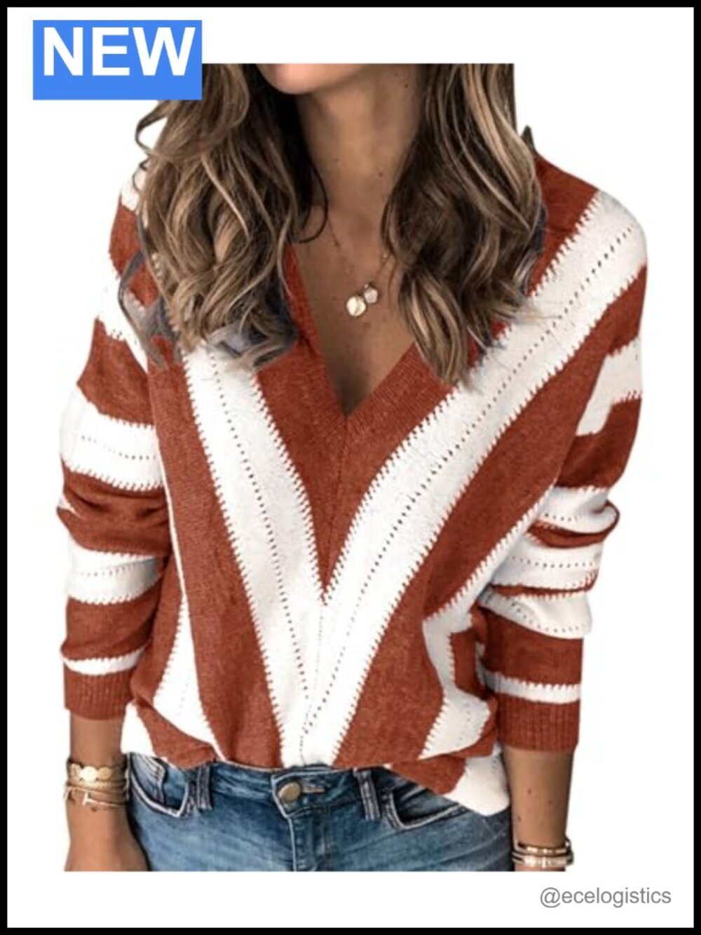 V Neck Striped Knit Pullover Sweater Long Sleeve Color Block Soft